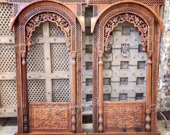 インドの手彫り木製壁掛けミラー、Jharokhaミラー、壁装飾