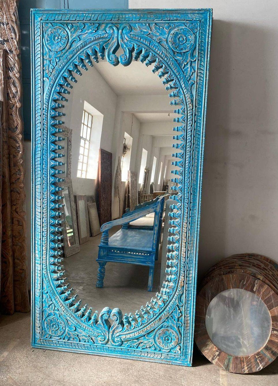 Mid Century Indian Mirror, Carved Wooden Wall Mirror, Distressed Blue