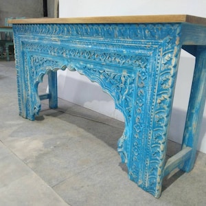 Vintage Style Console Table, Wooden Rustic Blue Console, Carved Indian Console, Intricate Entryway Decor Console