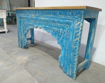Rustic Blue Mango Wood Console Table, Carved Indian Entryway Decor