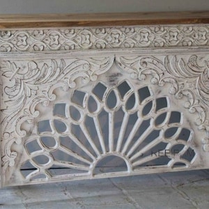 Boho Vintage Style Console, Indian Carved Wooden Console, Intricate Floral Design Rustic White Entryway Console Table