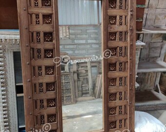 Full Size Indian Mirror, Rustic Brown Carved Wooden Mirror, Vintage Style Floral Mirror for Wall, Big Floor Mirror