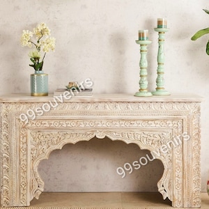 Boho Vintage Style Console, Indian Carved Wooden Console, Intricate Floral Design Rustic White Entryway Console Table