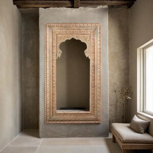 Arch Mirror, Indian Mirror, Carved Wooden Wall Mirror, Distressed Mirror, Floral Carved Mirror, Farmhouse Mirror, Rustic Natural Wood Mirror