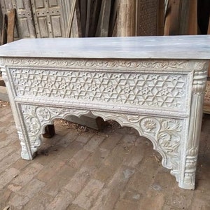 Boho Console Table, Vintage Style Console, Indian Carved Wooden Console, Rustic White Entryway Console Table, Farmhouse Furniture Console