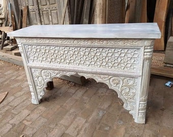Boho-consoletafel, console in vintage-stijl, Indiaas gesneden houten console, rustieke witte consoletafel hal, console boerderijmeubilair