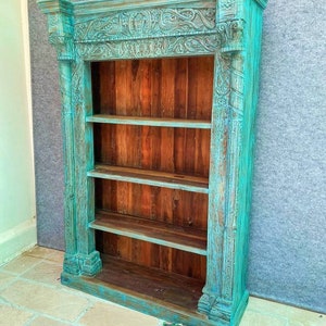 Vintage Style Book Shelf, Carved Wooden Cabinet, Rustic Blue Book Shelf, Distressed Finished Boho Indian Cabinet for Living Room Storage