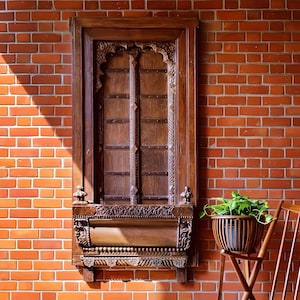 Vintage Inspired Jharokha, Indian Wooden Wall Decor Frame, Rustic Mirror for Home, Distressed brown Finish Wall Decor Panel, Farmhouse Decor