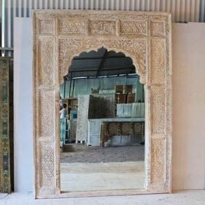 Large Mirror, Carved Wooden Wall Mirror, Vintage Inspired Indian Arch Mirror, Statement Mirror for Living Room, Farmhouse Mirror