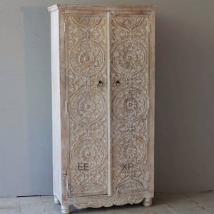 Wooden Armoire, Antique Style Armoire for Boho Home, Vintage Inspired Carved Storage Armoire in Rustic White Colour