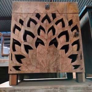 Carved Side Table, Indian Boho Bedside Table, Vintage Style Wooden Night Stand, Indian Furniture, Rustic Brown Storage Side Table