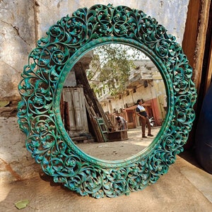 Boho Wall Mirror, Teak Wood Mirror, Indian Furniture, Statement Round Mirror, Rustic Green Mirror, Wall Decor Mirror, Vanity Mirror