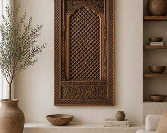 Indian Wood Panel, Wall Art, Antique Inspired Wall Panel, Carved Wooden Wall Hanging, Mughal Wall Art, Villa Entryway Wall Decor
