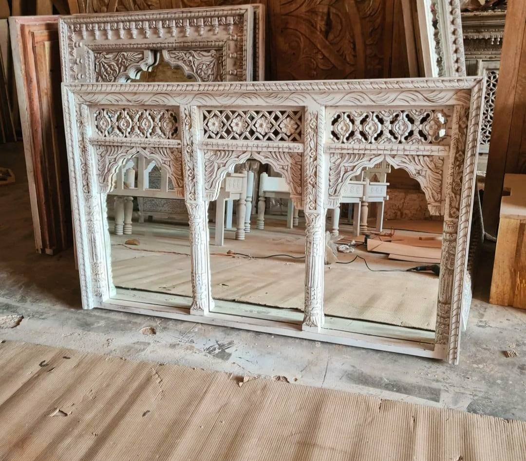 Indian Jharokha Mirror, Long Arch Wall Mirror, Carved Wooden Mirror, Rustic White Mirror, Farmhouse Mirror, Restaurant Wall Decor Mirror