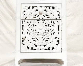 Rustic White Bed Side Table, Indian Carved Table, Wooden Night Stand, Indian Furniture, Bohemian Side Table