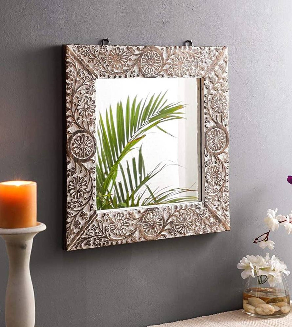 Vintage Indian Mirror Hand Carved Wooden Wall Mirror Etsy