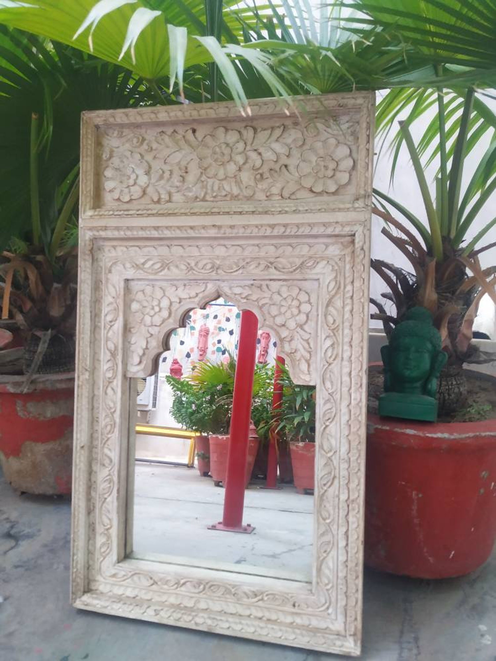 Vintage Indian Mirror Hand Carved Mirror Wooden Wall Mirror Etsy