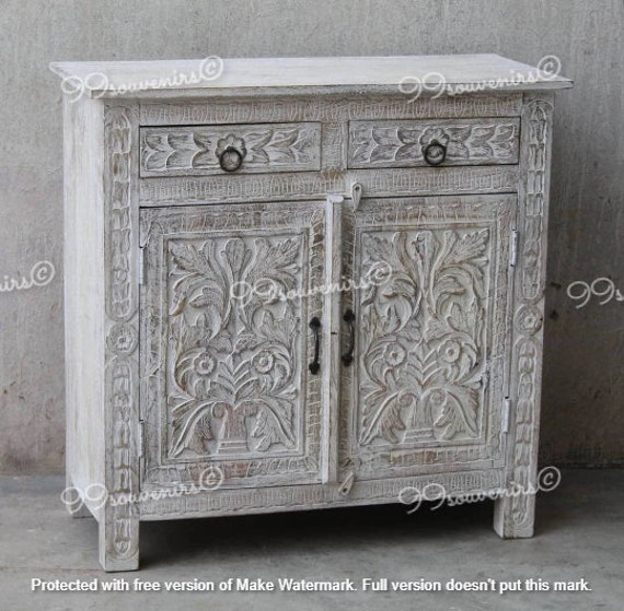 Rustic White Washed Indian Cabinet, Vintage Style Carved