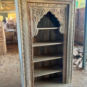 Vintage Style Book Shelf, Carved Wooden Cabinet, Rustic White Book Shelf, Distressed Finished Boho Indian Cabinet for Living Room Storage