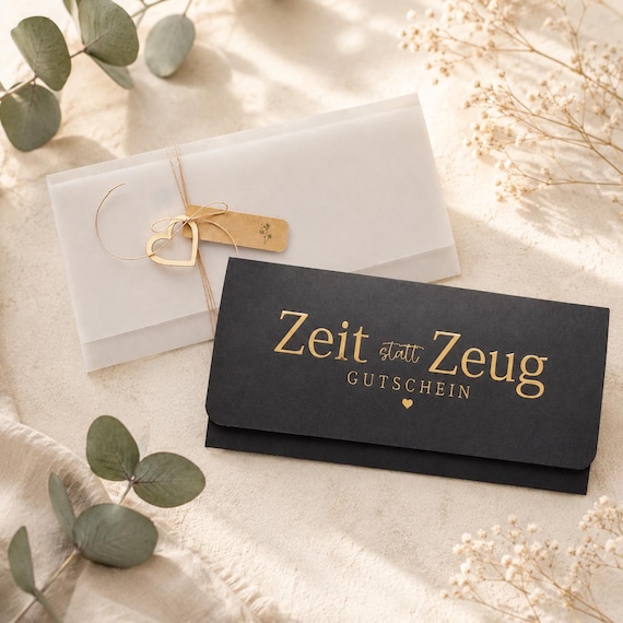 Zeit statt Zeug Gutscheinverpackung schwarz gold | edle Gutschein Hülle 10,5x21 cm | Geschenkverpackung für Erlebnisgutschein