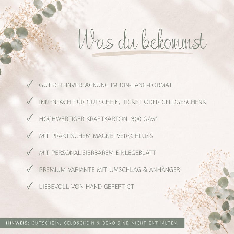 May include: A product information card titled Was du bekommst featuring a list of seven items including a DIN-long voucher holder, an internal pocket, 300 g/m2 kraft paper, a magnetic closure, a customisable insert, and an envelope with a tag.
