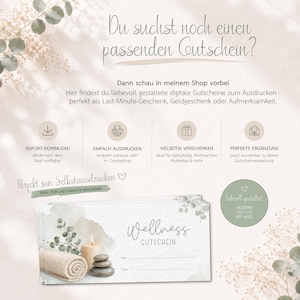 May include: A digital gift voucher template featuring a wellness theme with a rolled towel, a lit candle, and stacked stones. The text reads Wellness Gutschein, F&uuml;r, and Von. Icons indicate instant download, printing, and gifting options.