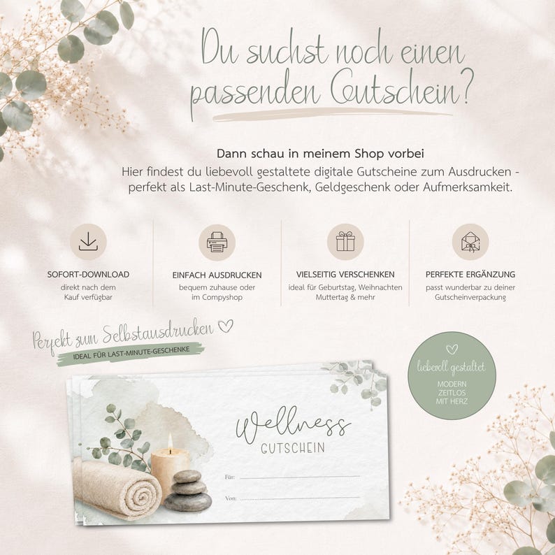 May include: A digital gift voucher template featuring a wellness theme with a rolled towel, a lit candle, and stacked stones. The text reads Wellness Gutschein, F&uuml;r, and Von. Icons indicate instant download, printing, and gifting options.