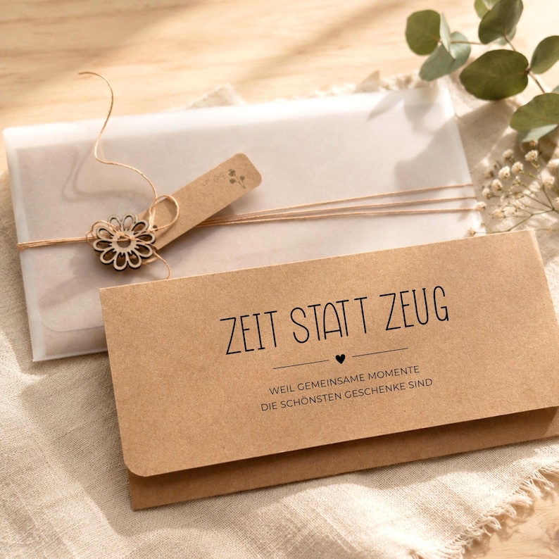 Pu&ograve; includere: Una busta rettangolare in carta marrone con il testo stampato in nero ZEIT STATT ZEUG, un piccolo cuore e la frase WEIL GEMEINSAME MOMENTE DIE SCH&Ouml;NSTEN GESCHENKE SIND. &Egrave; legata con uno spago sottile e una decorazione a forma di fiore in legno.