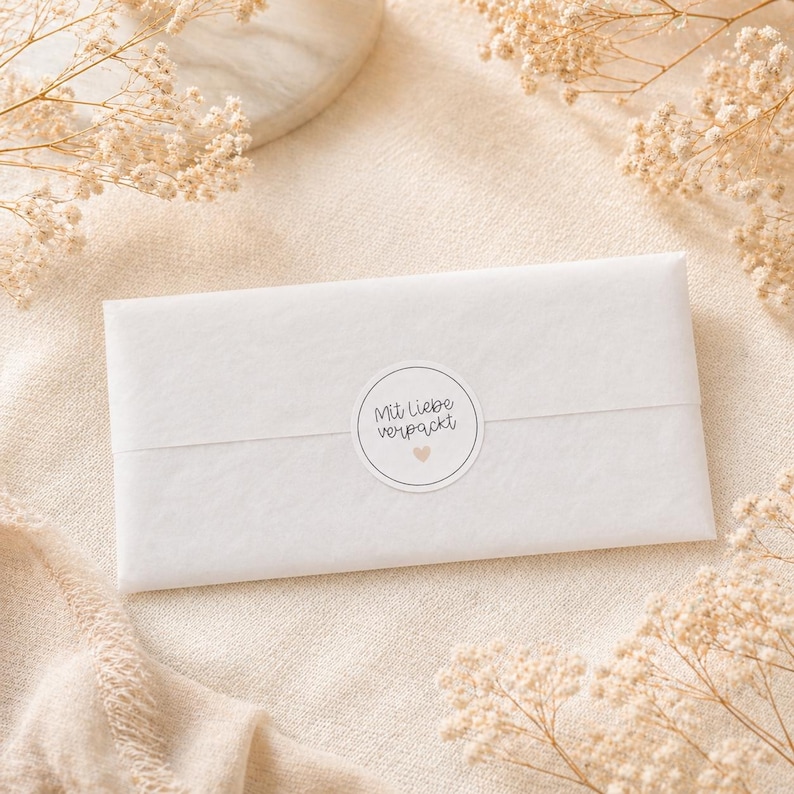 May include: A rectangular white paper envelope sealed with a circular sticker. The sticker features the black text "Mit Liebe verpackt" and a small light pink heart icon centered below the words, indicating a carefully prepared package.