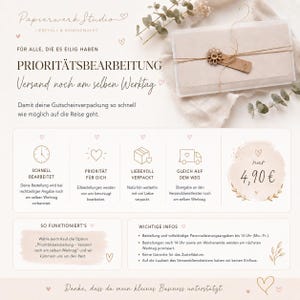 May include: A promotional graphic for Papierwerk Studio featuring a gift-wrapped package with a flower-shaped tag. The text includes 'PRIORIT&Auml;TSBEARBEITUNG', 'Versand noch am selben Werktag', and details about expedited processing, shipping, and a price of 4,90&euro;.