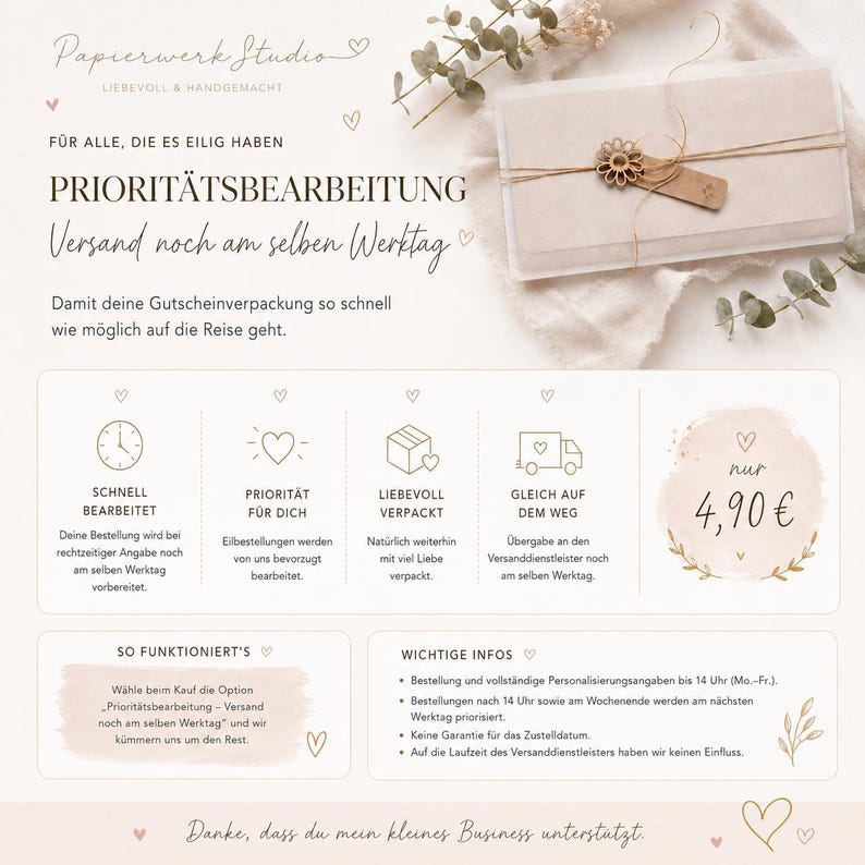 May include: A promotional graphic for Papierwerk Studio featuring a gift-wrapped package with a flower-shaped tag. The text includes 'PRIORIT&Auml;TSBEARBEITUNG', 'Versand noch am selben Werktag', and details about expedited processing, shipping, and a price of 4,90&euro;.
