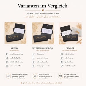 May include: A comparison chart showing three gift voucher options labeled Klassik, Mit Personalisierung, and Premium. Each option features a black card holder with the gold text Zeit statt Zeug, white inserts, and descriptive icons for each tier.