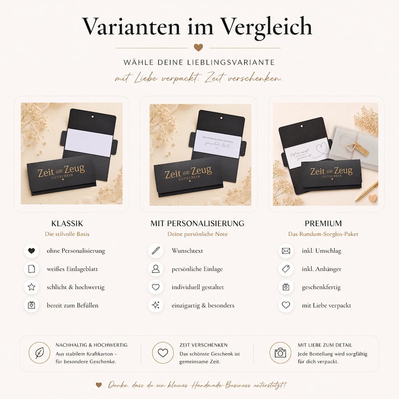 May include: A comparison chart showing three gift voucher options labeled Klassik, Mit Personalisierung, and Premium. Each option features a black card holder with the gold text Zeit statt Zeug, white inserts, and descriptive icons for each tier.