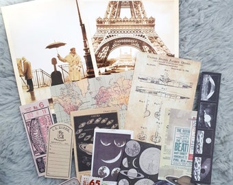 Vintage Scrapbooking Set mit über 15 Papieren und Journal Ephemera Thema Erde, Städte, Vintage, Planeten, Mond, Galaxien, Sternbilder