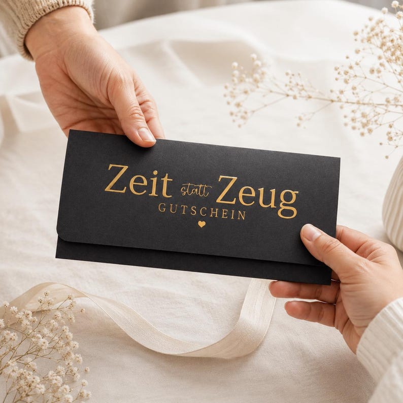 May include: A rectangular black gift voucher envelope featuring gold foil lettering that reads Zeit statt Zeug GUTSCHEIN with a small heart symbol centered below the text. The envelope has a flap closure and a smooth matte finish.