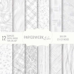 Könnte beinhalten: Eine Sammlung von 12 nahtlosen digitalen Papieren mit feiner Linienkunst in Schwarz und Weiß. Jedes Papier zeigt ein einzigartiges Muster, darunter wellenförmige Linien, Kreuzschraffuren und gepunktete Designs. Die Papiere sind 30.48 x 30.48 cm groß und haben 300 DPI. Der Text "PAPIERWERK studio" ist ebenfalls sichtbar.