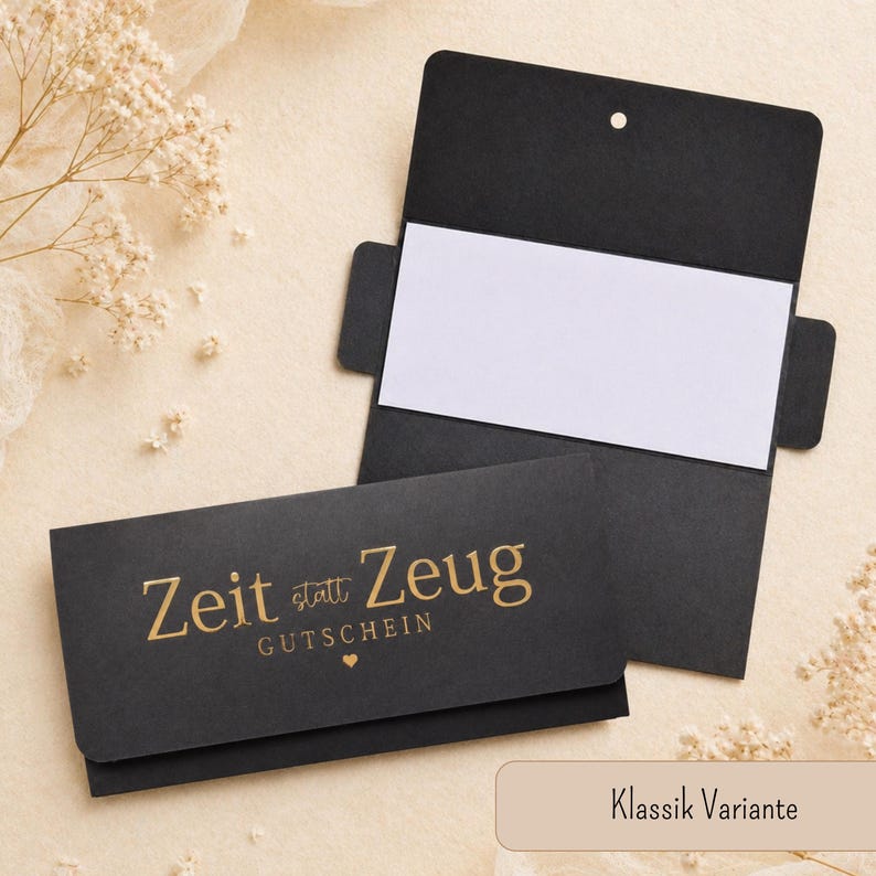 Time instead of things voucher packaging black and gold | elegant voucher holder 10.5 x 21 cm | gift packaging for experience vouchers Klassik