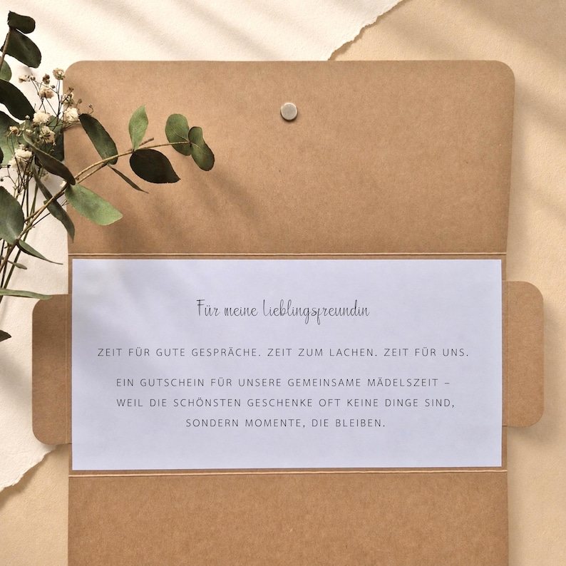 May include: A light brown kraft paper envelope with a magnetic closure, containing a white card with German text that reads: F&uuml;r meine Lieblingsfreundin, ZEIT F&Uuml;R GUTE GESPR&Auml;CHE. ZEIT ZUM LACHEN. ZEIT F&Uuml;R UNS. EIN GUTSCHEIN F&Uuml;R UNSERE GEMEINSAME M&Auml;DELSTZEIT.