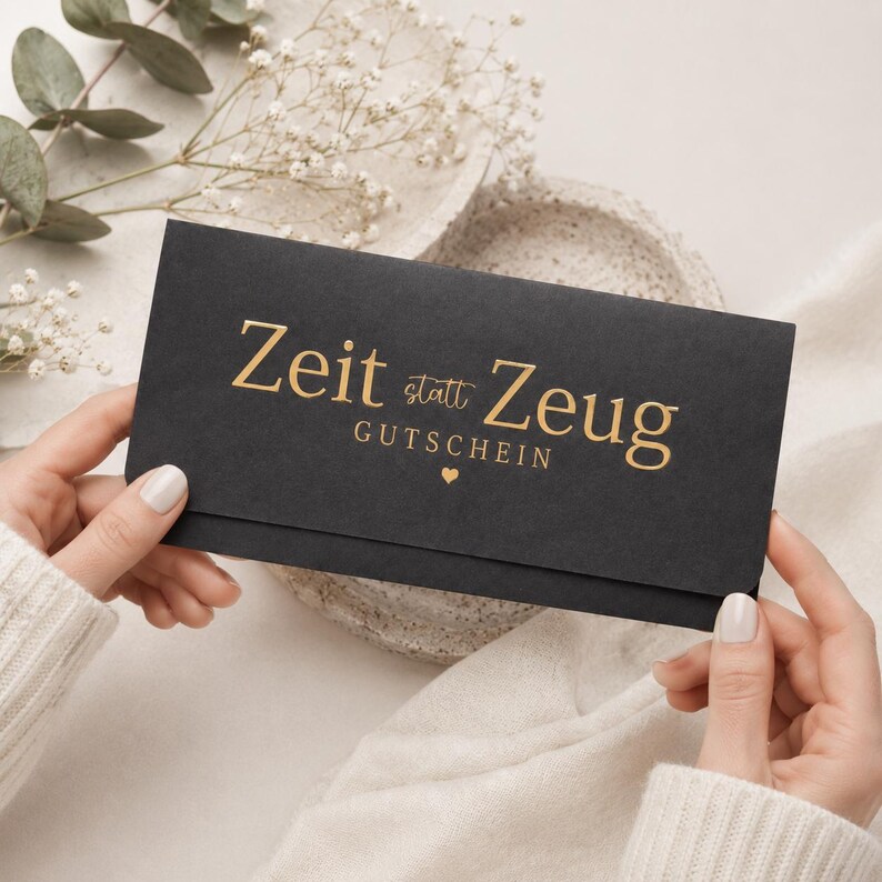 May include: A rectangular black envelope featuring gold foil lettering that reads Zeit statt Zeug GUTSCHEIN with a small gold heart symbol centered below the text. The envelope has a clean, matte finish and a simple flap closure design.