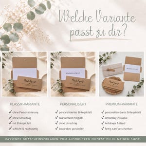 May include: A comparison chart showing three gift card packaging options: Klassik, Personalisiert, and Premium. Each option features brown kraft paper envelopes, white inserts with the text WUNSCHTEXT, and cards labeled M&auml;delseit. The chart includes checkmarks and German text describing the features of each variant.