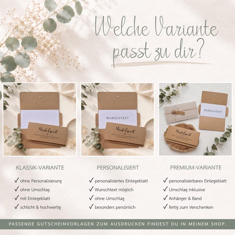 May include: A comparison chart showing three gift card packaging options: Klassik, Personalisiert, and Premium. Each option features brown kraft paper envelopes, white inserts with the text WUNSCHTEXT, and cards labeled M&auml;delseit. The chart includes checkmarks and German text describing the features of each variant.