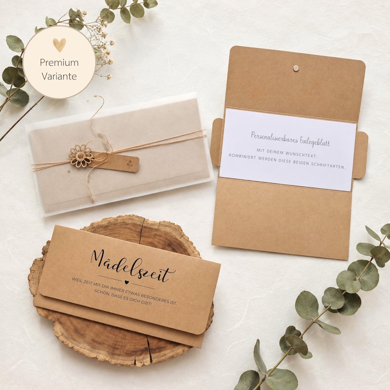 May include: Three kraft paper envelopes and cards. One envelope is wrapped in translucent paper with a wooden flower and twine. Another is open, showing a white insert with German text. A third envelope features the text M&auml;delszeit.