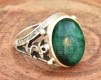 Indian Emerald Ring, 925 sterling sliver Ring, Handmade Ring Oval Ring, Silver Ring, Statement Ring, Bohemian Ring, Anniversary Gift For her