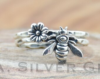 Boho Bee Ring: 925 Sterling Silver Flower Honey Ring