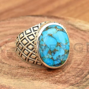 Blue Copper Turquoise Ring: Handmade 925 Sterling Silver Bohemian Jewelry