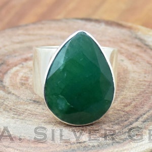 Indian Emerald Ring, Wide Band Ring, Solid 925 Sterling Silver Ring, Hammered Ring, Bohemian Ring, Statement Ring, Wedding Ring Gift For Her