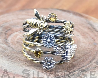 Anillo de citrino con abeja pequeña: anillo bohemio de flor de plata de ley 925
