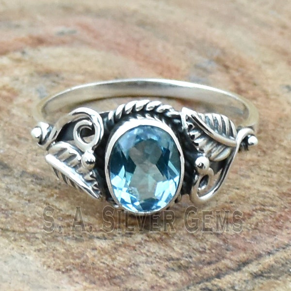 Bague feuille de topaze bleue, bague en argent, argent sterling 925, belle bague en pierres précieuses, bague promise, bague faite à la main, bague femme, cadeau pour elle