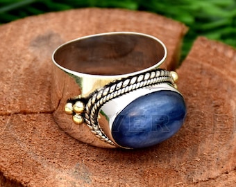 ブルーカイヤナイトのスターリングシルバーリング：ハンドメイドの