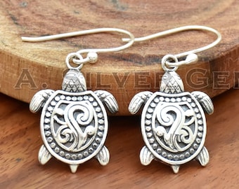 925 Sterling Silver Turtle Dangle Earrings: Tortoise Jewelry Gift